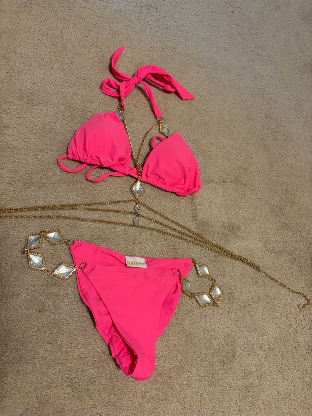 Women’s Hot Pink Bikini Set with Gold Accent Chains. Top size S. Bottoms XS